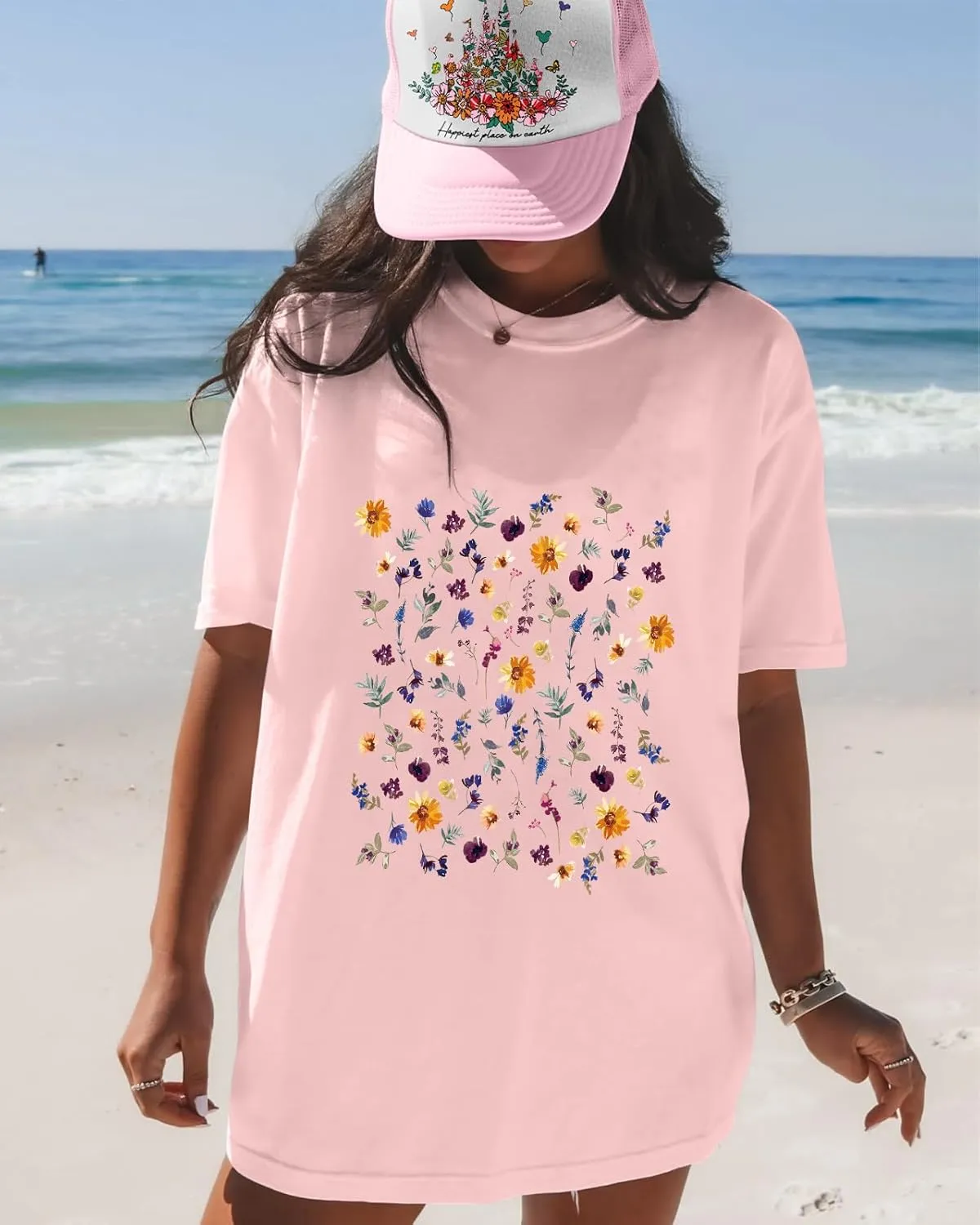 Flafens Oversized Tshirts for Women - Graphic T Shirt Loose Tees Crewneck Sleeve Top Cute Fashion Summer Pattern Print Tops