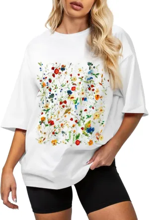 Flafens Oversized Tshirts for Women - Graphic T Shirt Loose Tees Crewneck Sleeve Top Cute Fashion Summer Pattern Print Tops