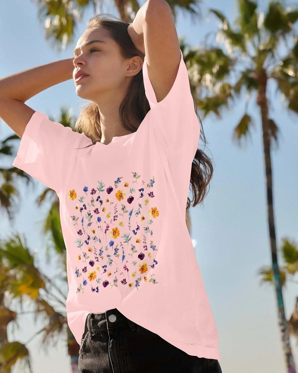 Flafens Oversized Tshirts for Women - Graphic T Shirt Loose Tees Crewneck Sleeve Top Cute Fashion Summer Pattern Print Tops