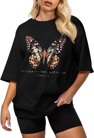 Flafens Oversized Tshirts for Women - Graphic T Shirt Loose Tees Crewneck Sleeve Top Cute Fashion Summer Pattern Print Tops