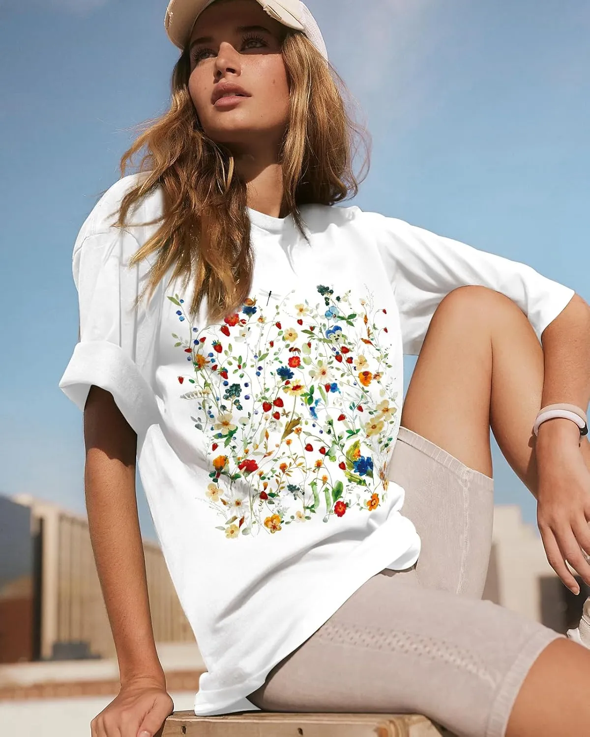 Flafens Oversized Tshirts for Women - Graphic T Shirt Loose Tees Crewneck Sleeve Top Cute Fashion Summer Pattern Print Tops