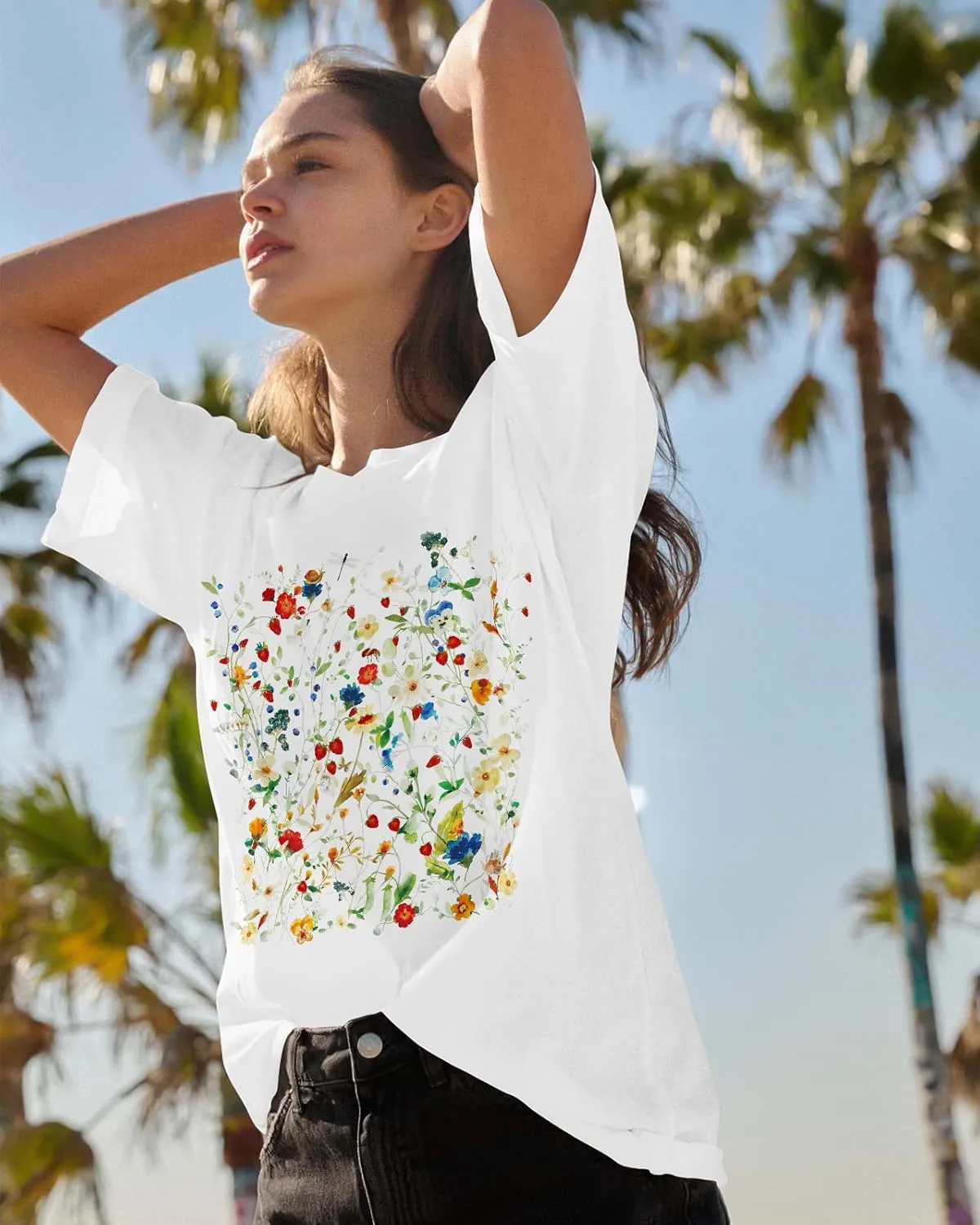 Flafens Oversized Tshirts for Women - Graphic T Shirt Loose Tees Crewneck Sleeve Top Cute Fashion Summer Pattern Print Tops