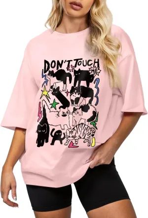 Flafens Oversized Tshirts for Women - Graphic T Shirt Loose Tees Crewneck Sleeve Top Cute Fashion Summer Pattern Print Tops