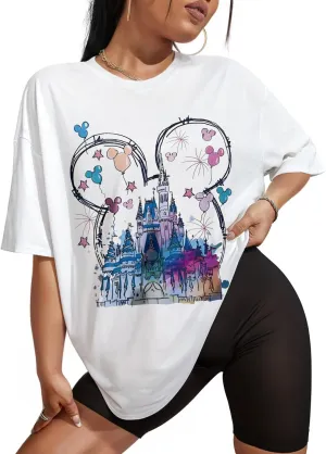 Flafens Oversized Tshirts for Women - T Shirt Graphic Tees Loose Crewneck Pattern Sleeve Cute Print Fashion Summer Tops