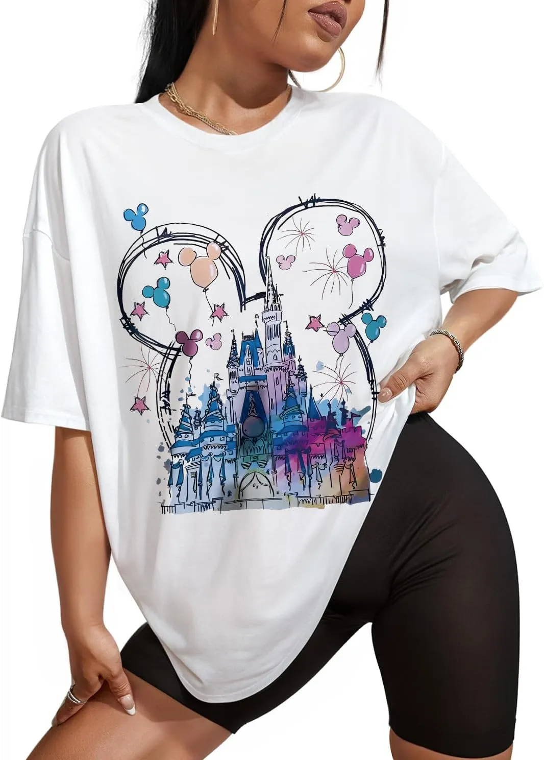Flafens Oversized Tshirts for Women - T Shirt Graphic Tees Loose Crewneck Pattern Sleeve Cute Print Fashion Summer Tops