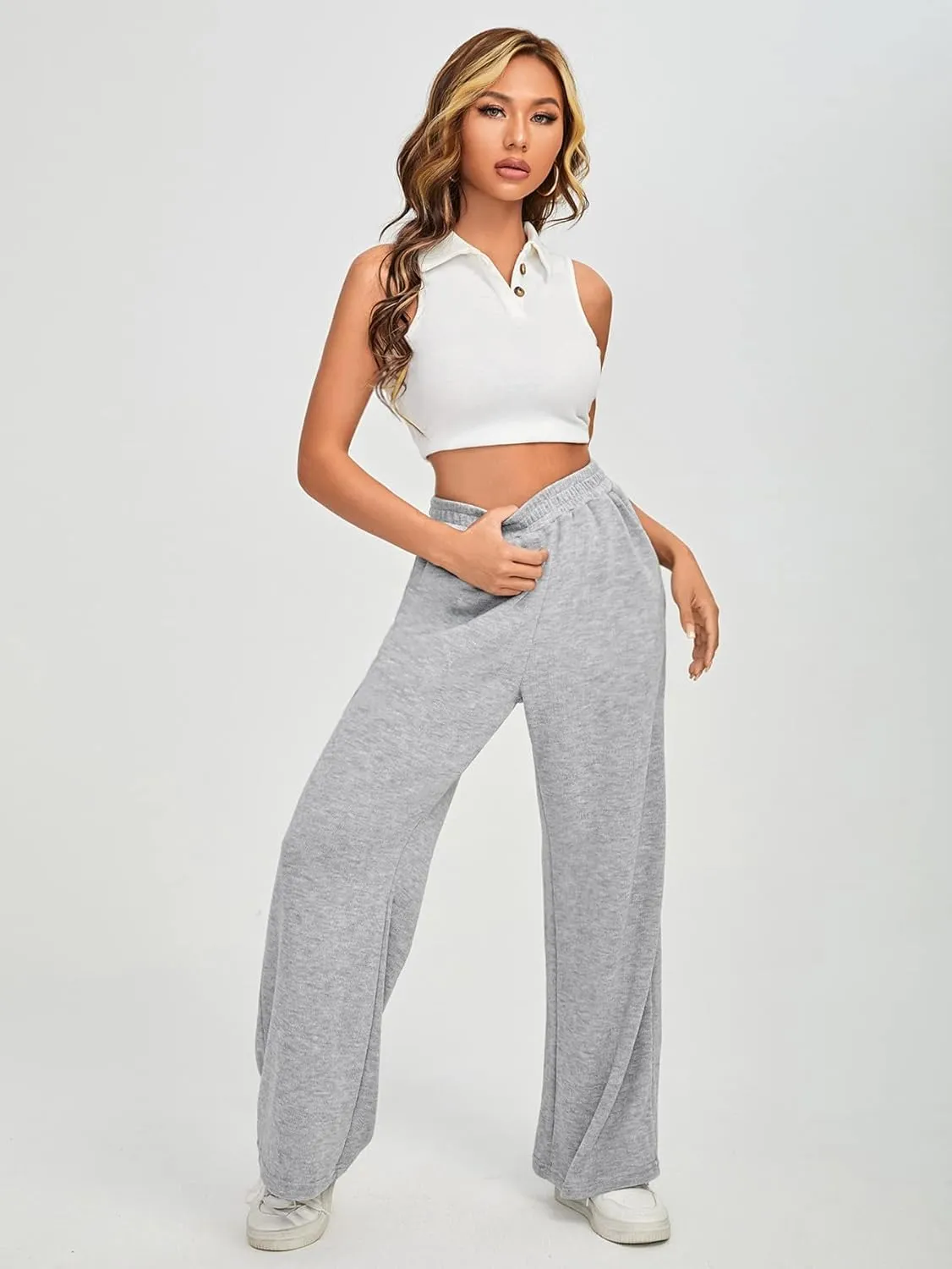 Floerns Women's Causal Drawstring High Waist Baggy Straight Wide Leg Sweatpants with Pockets