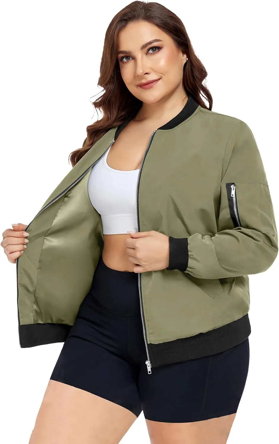 FOREYOND Plus Size Bomber Jackets for Women Zip Up Lightweight Coats Casual Windbreaker Fall Flight Jackets with Pockets