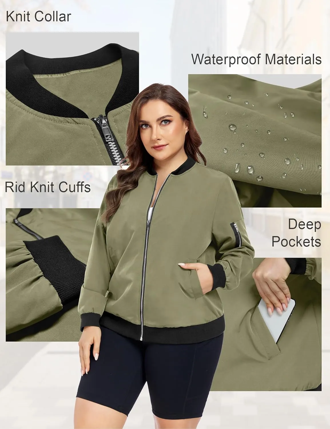 FOREYOND Plus Size Bomber Jackets for Women Zip Up Lightweight Coats Casual Windbreaker Fall Flight Jackets with Pockets