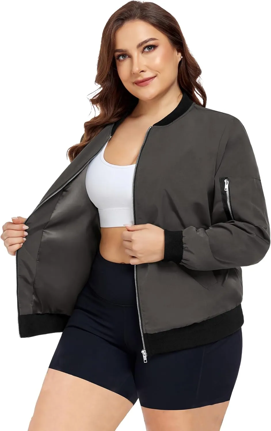FOREYOND Plus Size Bomber Jackets for Women Zip Up Lightweight Coats Casual Windbreaker Fall Flight Jackets with Pockets