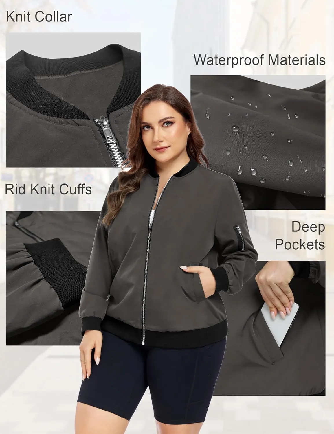 FOREYOND Plus Size Bomber Jackets for Women Zip Up Lightweight Coats Casual Windbreaker Fall Flight Jackets with Pockets