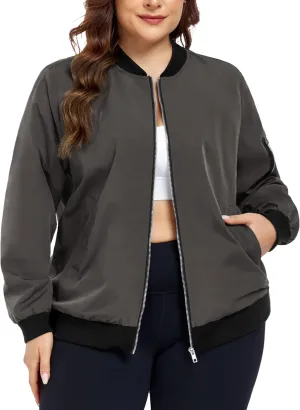 FOREYOND Plus Size Bomber Jackets for Women Zip Up Lightweight Coats Casual Windbreaker Fall Flight Jackets with Pockets