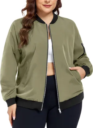 FOREYOND Plus Size Bomber Jackets for Women Zip Up Lightweight Coats Casual Windbreaker Fall Flight Jackets with Pockets