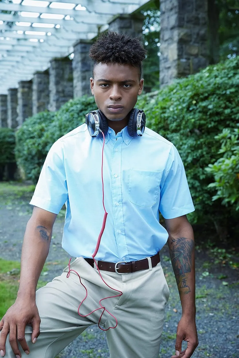French Toast Men's Expandable Collar Short Sleeve Oxford Dress Shirt