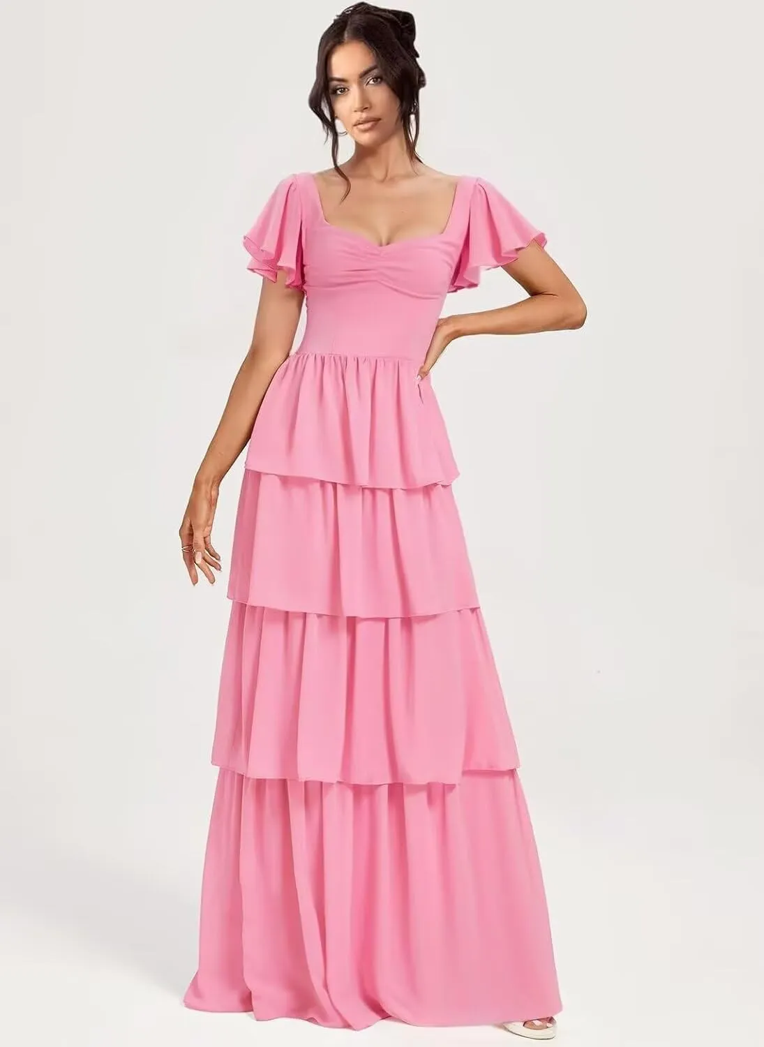 GATMAHE Short Sleeves Tiered Chiffon Bridesmaid Dresses for Women Ruffle Chiffon A Line Formal Evening Dress