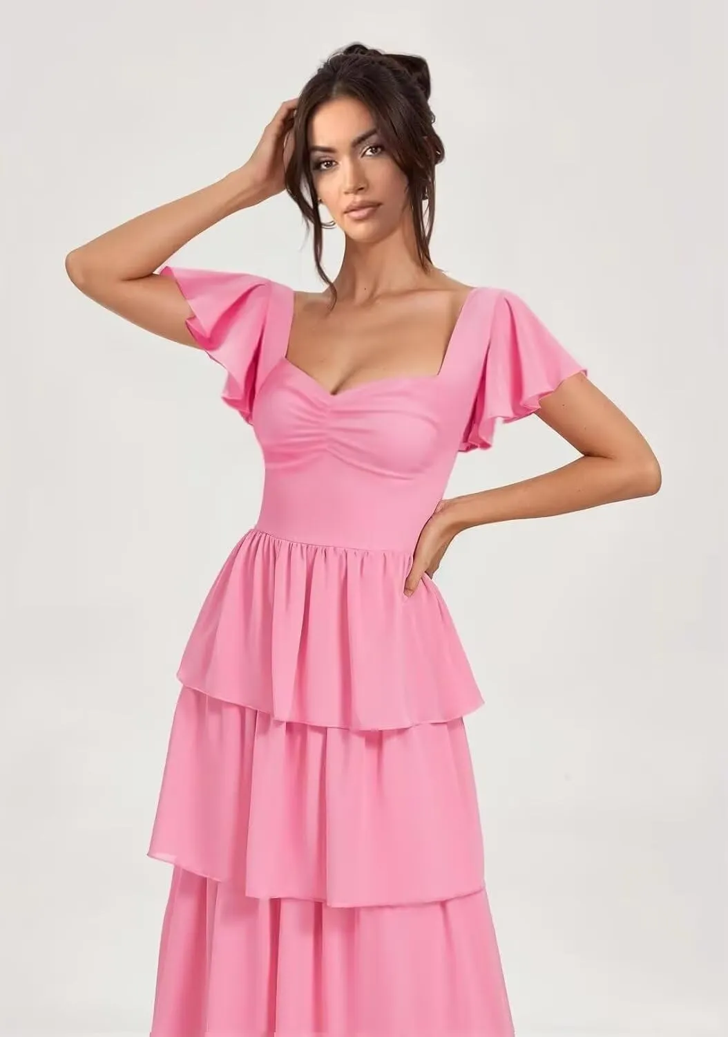 GATMAHE Short Sleeves Tiered Chiffon Bridesmaid Dresses for Women Ruffle Chiffon A Line Formal Evening Dress