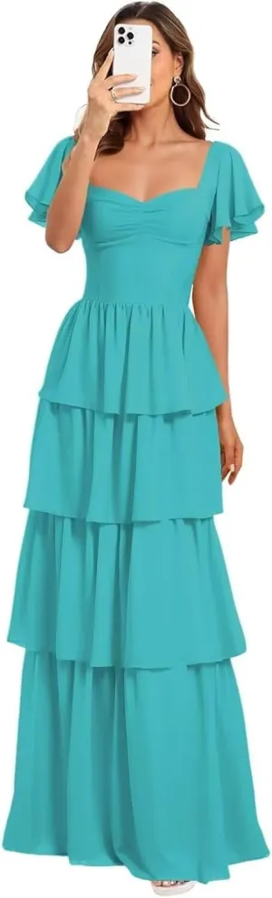 GATMAHE Short Sleeves Tiered Chiffon Bridesmaid Dresses for Women Ruffle Chiffon A Line Formal Evening Dress