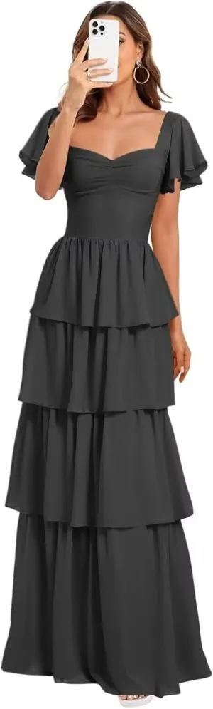 GATMAHE Short Sleeves Tiered Chiffon Bridesmaid Dresses for Women Ruffle Chiffon A Line Formal Evening Dress