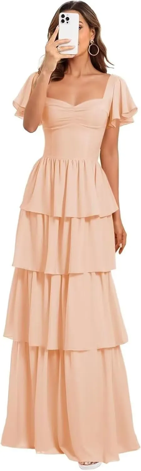 GATMAHE Short Sleeves Tiered Chiffon Bridesmaid Dresses for Women Ruffle Chiffon A Line Formal Evening Dress