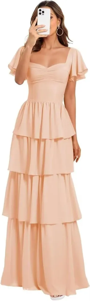 GATMAHE Short Sleeves Tiered Chiffon Bridesmaid Dresses for Women Ruffle Chiffon A Line Formal Evening Dress