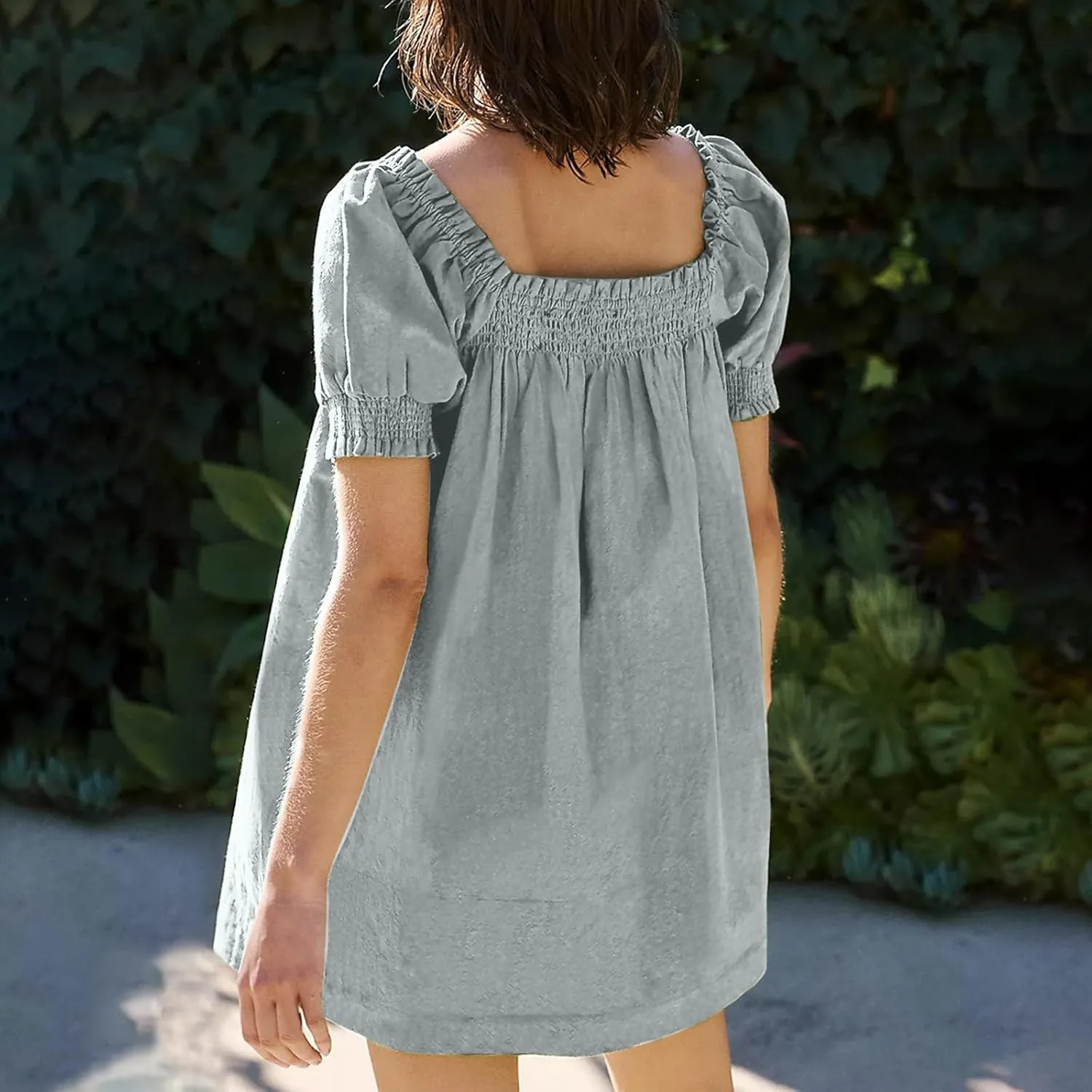 Generic Linen Dresses for Women 2024 Summer Mini Dress Short Sleeve A-Line Sundress Casual Loose Beach Dress with Pockets