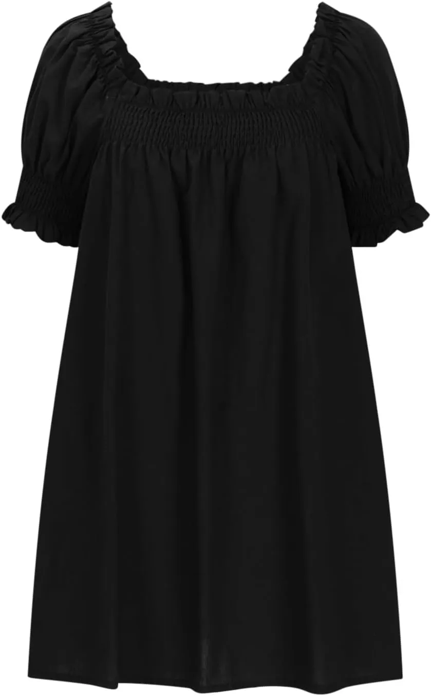 Generic Linen Dresses for Women 2024 Summer Mini Dress Short Sleeve A-Line Sundress Casual Loose Beach Dress with Pockets