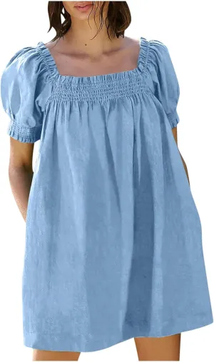 Generic Linen Dresses for Women 2024 Summer Mini Dress Short Sleeve A-Line Sundress Casual Loose Beach Dress with Pockets