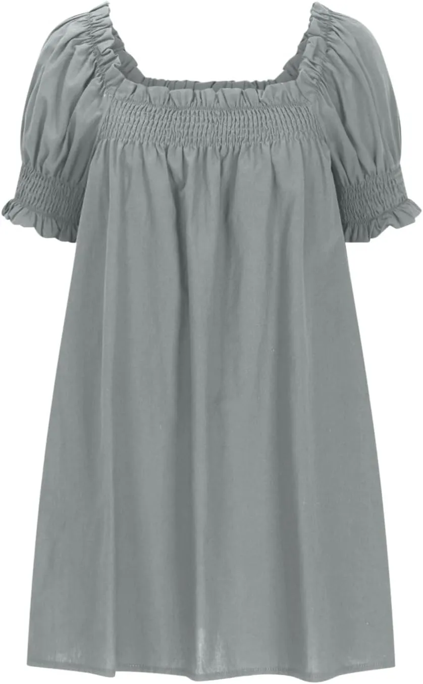 Generic Linen Dresses for Women 2024 Summer Mini Dress Short Sleeve A-Line Sundress Casual Loose Beach Dress with Pockets