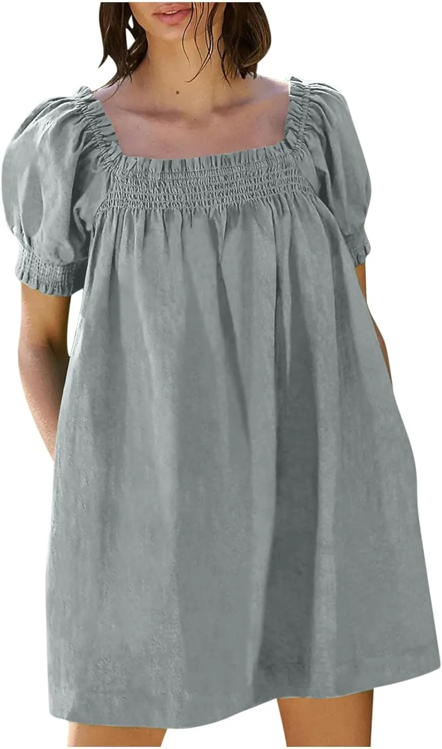Generic Linen Dresses for Women 2024 Summer Mini Dress Short Sleeve A-Line Sundress Casual Loose Beach Dress with Pockets