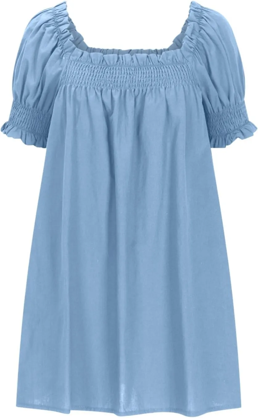 Generic Linen Dresses for Women 2024 Summer Mini Dress Short Sleeve A-Line Sundress Casual Loose Beach Dress with Pockets