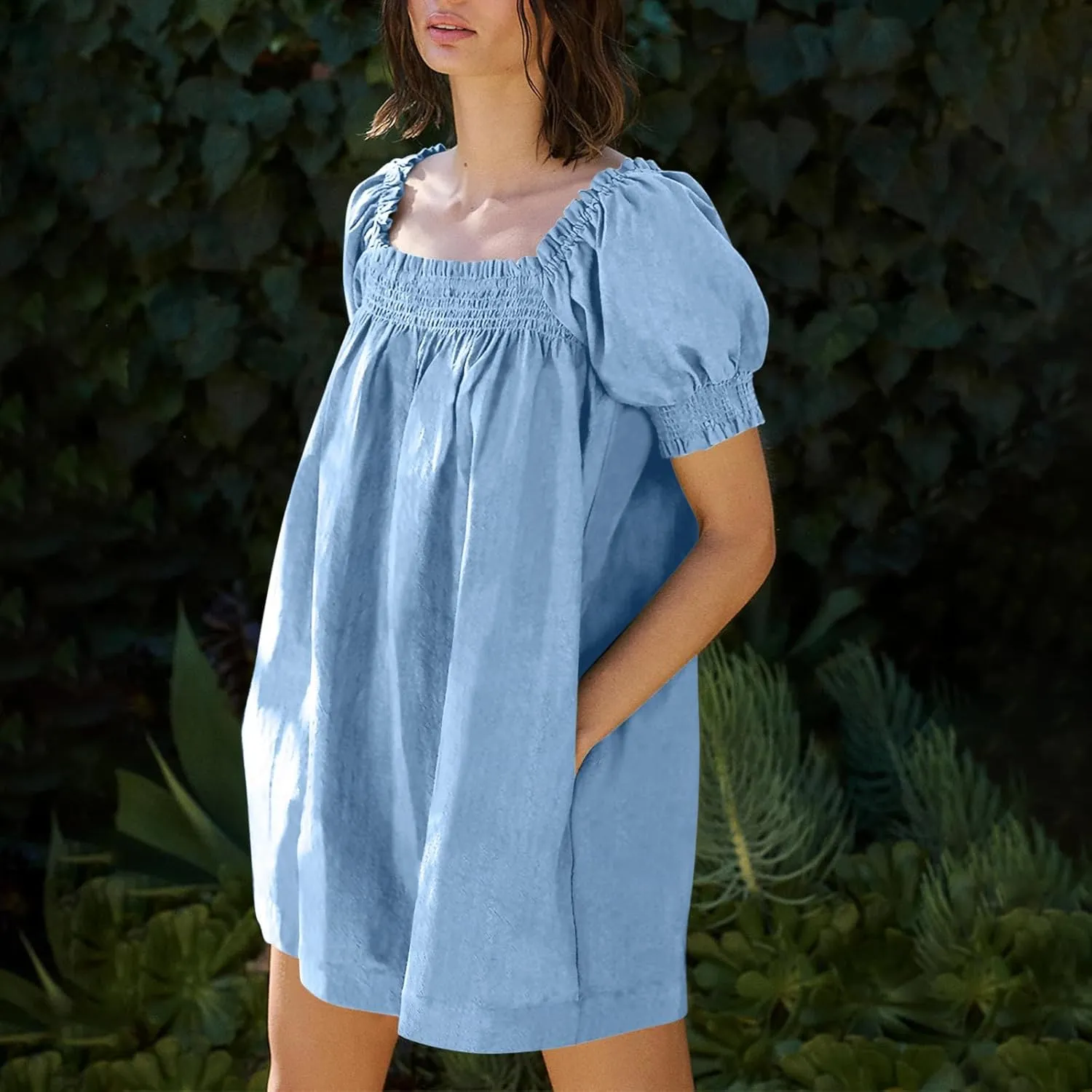 Generic Linen Dresses for Women 2024 Summer Mini Dress Short Sleeve A-Line Sundress Casual Loose Beach Dress with Pockets