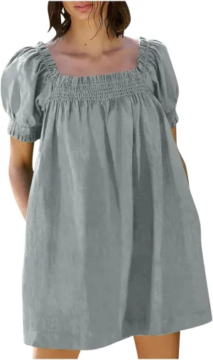 Generic Linen Dresses for Women 2024 Summer Mini Dress Short Sleeve A-Line Sundress Casual Loose Beach Dress with Pockets