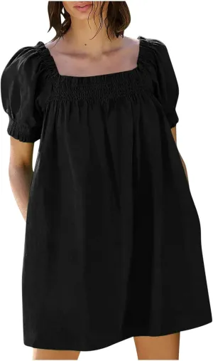 Generic Linen Dresses for Women 2024 Summer Mini Dress Short Sleeve A-Line Sundress Casual Loose Beach Dress with Pockets