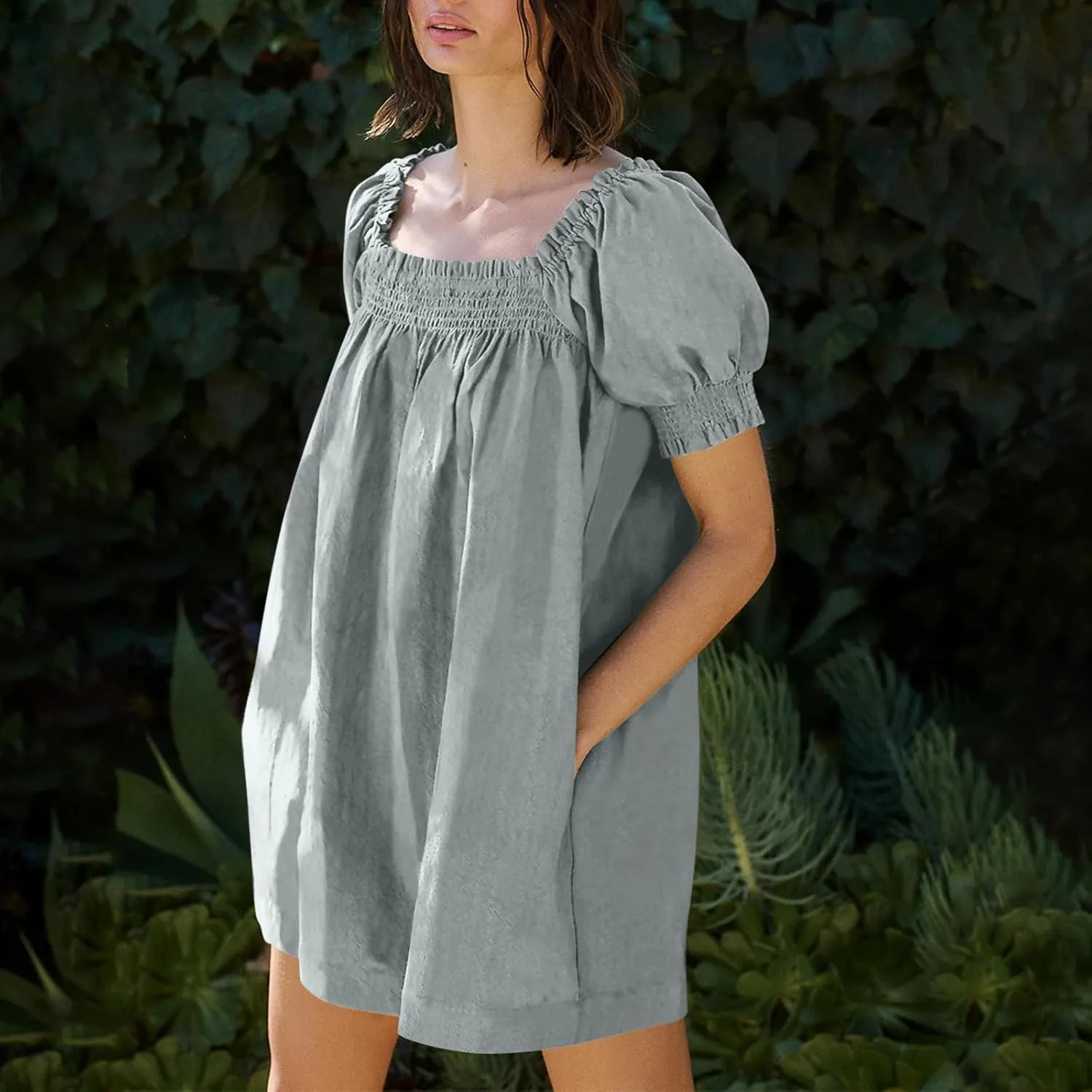Generic Linen Dresses for Women 2024 Summer Mini Dress Short Sleeve A-Line Sundress Casual Loose Beach Dress with Pockets