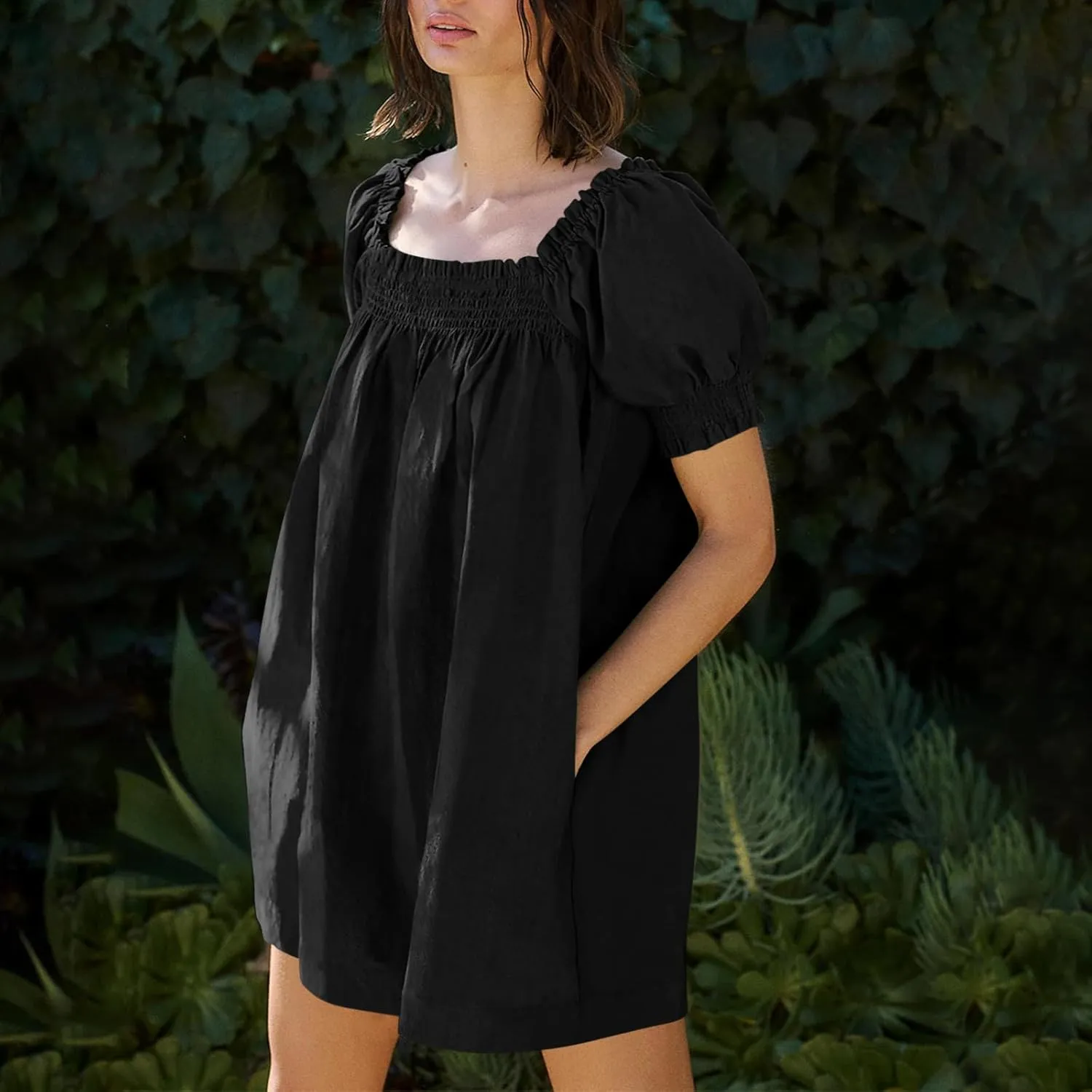 Generic Linen Dresses for Women 2024 Summer Mini Dress Short Sleeve A-Line Sundress Casual Loose Beach Dress with Pockets
