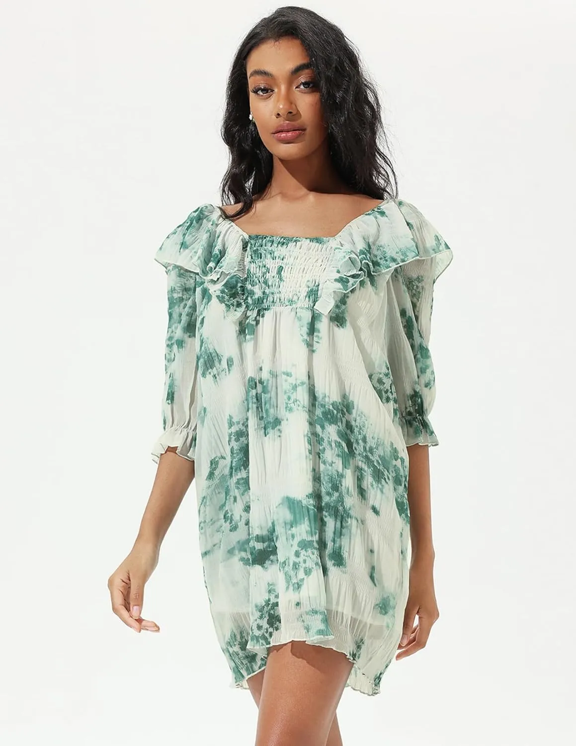 Green Floral Dress Mini Casual Dress Half Sleeve Square Neck Dress for Womens Fashion Ruffle Dress Puff Sleeve Dress