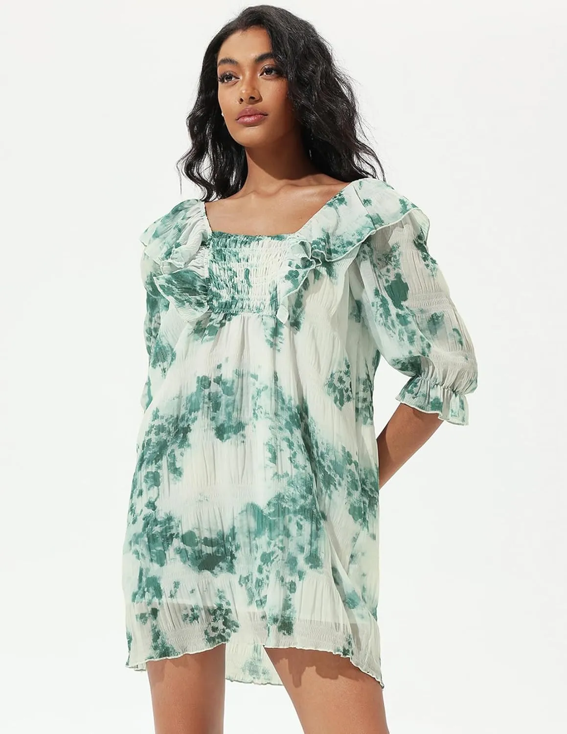 Green Floral Dress Mini Casual Dress Half Sleeve Square Neck Dress for Womens Fashion Ruffle Dress Puff Sleeve Dress