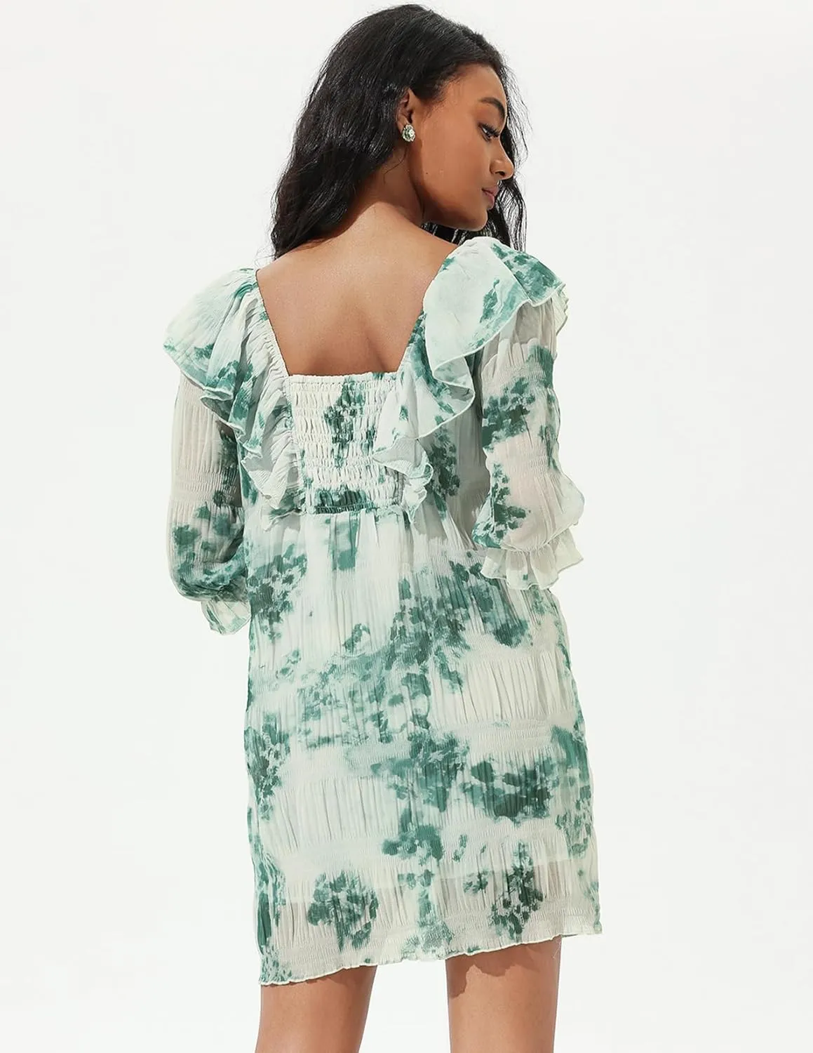 Green Floral Dress Mini Casual Dress Half Sleeve Square Neck Dress for Womens Fashion Ruffle Dress Puff Sleeve Dress