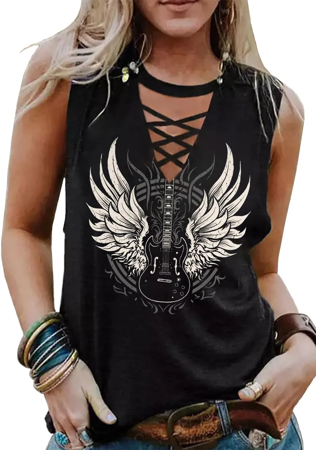 Guitar Wings Tank Tops for Women Retro Country Music Shirt Rock Guitar Graphic Tees Casual V Neck Sleeveless Vest Cami