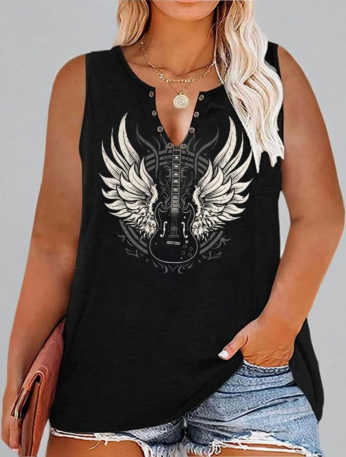 Guitar Wings Tank Tops for Women Retro Country Music Shirt Rock Guitar Graphic Tees Casual V Neck Sleeveless Vest Cami
