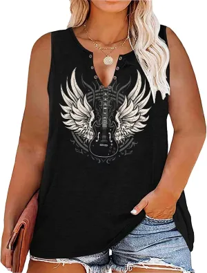 Guitar Wings Tank Tops for Women Retro Country Music Shirt Rock Guitar Graphic Tees Casual V Neck Sleeveless Vest Cami