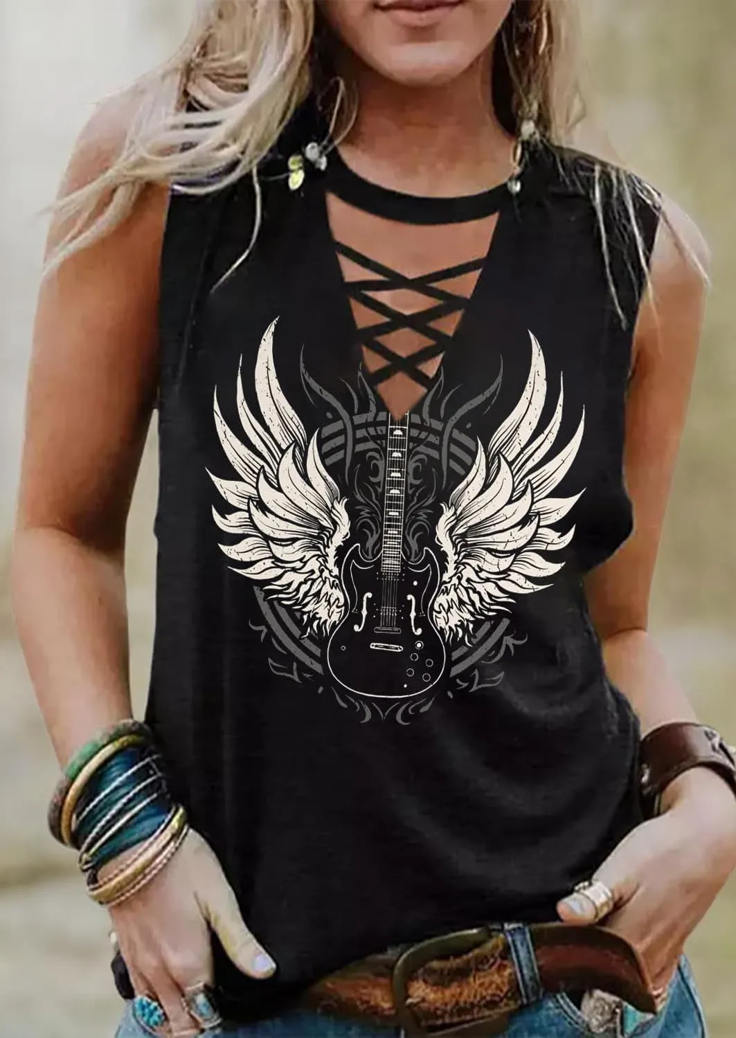Guitar Wings Tank Tops for Women Retro Country Music Shirt Rock Guitar Graphic Tees Casual V Neck Sleeveless Vest Cami