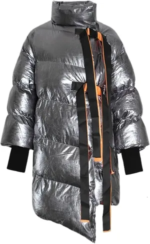 Halemet Oversized Women's Down Jackets and Parkas Windproof Stand Collar Quilted Jacket with Ribbons Padded Down Coat Cape