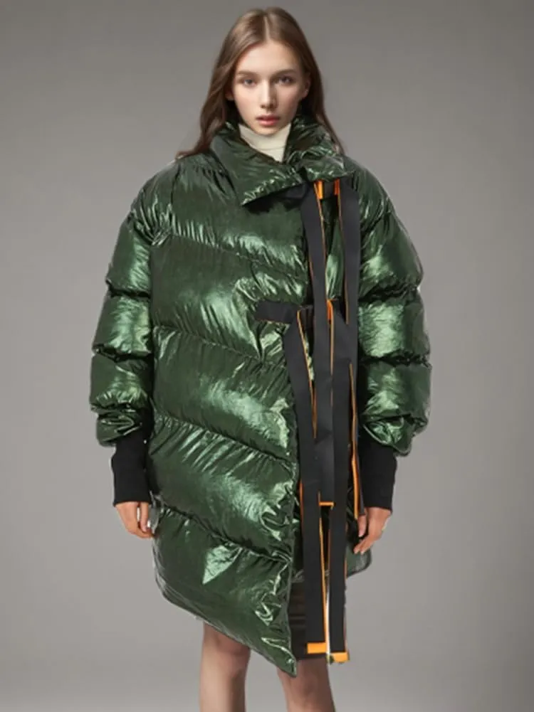 Halemet Oversized Women's Down Jackets and Parkas Windproof Stand Collar Quilted Jacket with Ribbons Padded Down Coat Cape