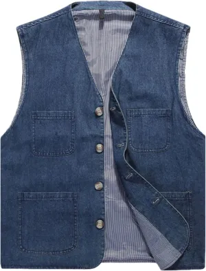 HangNiFang Men's Casual Denim Cotton Utility Vest Button Up Outdoor Pocketed Waistcoat
