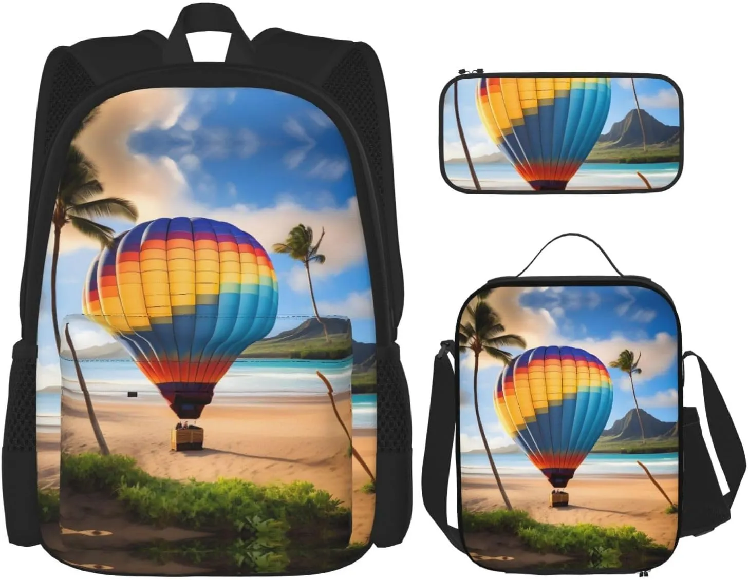 Hawaii Hot Air Balloon Large capacity durable school bag   pencil case   lunch bag, accompany your children to study happily every day
