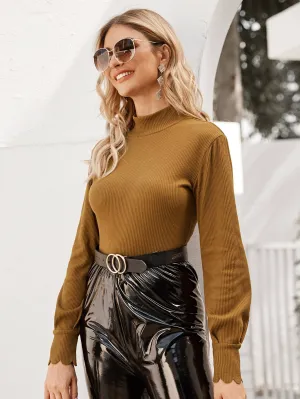 High Neck Rib-knit Tee