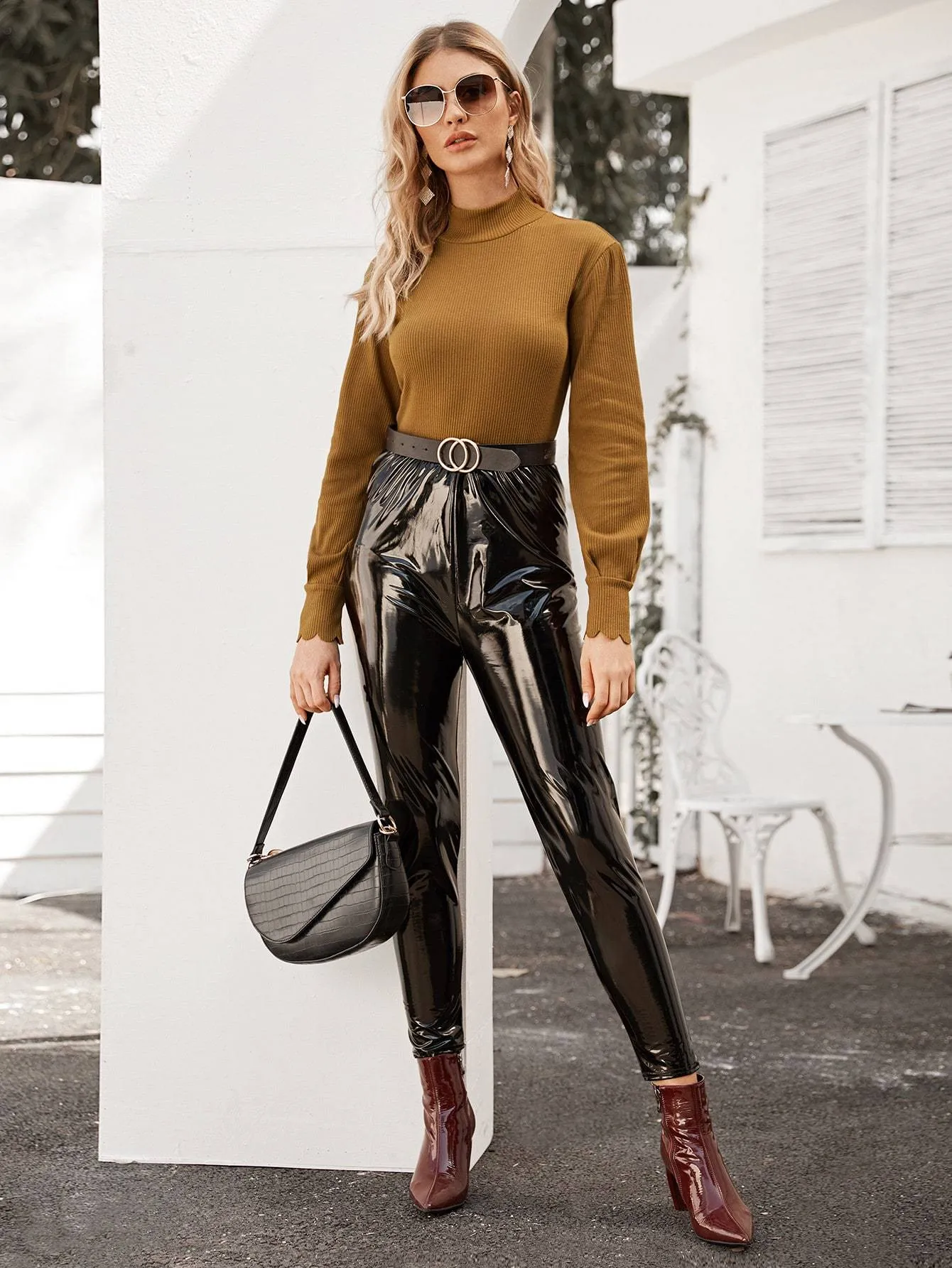 High Neck Rib-knit Tee