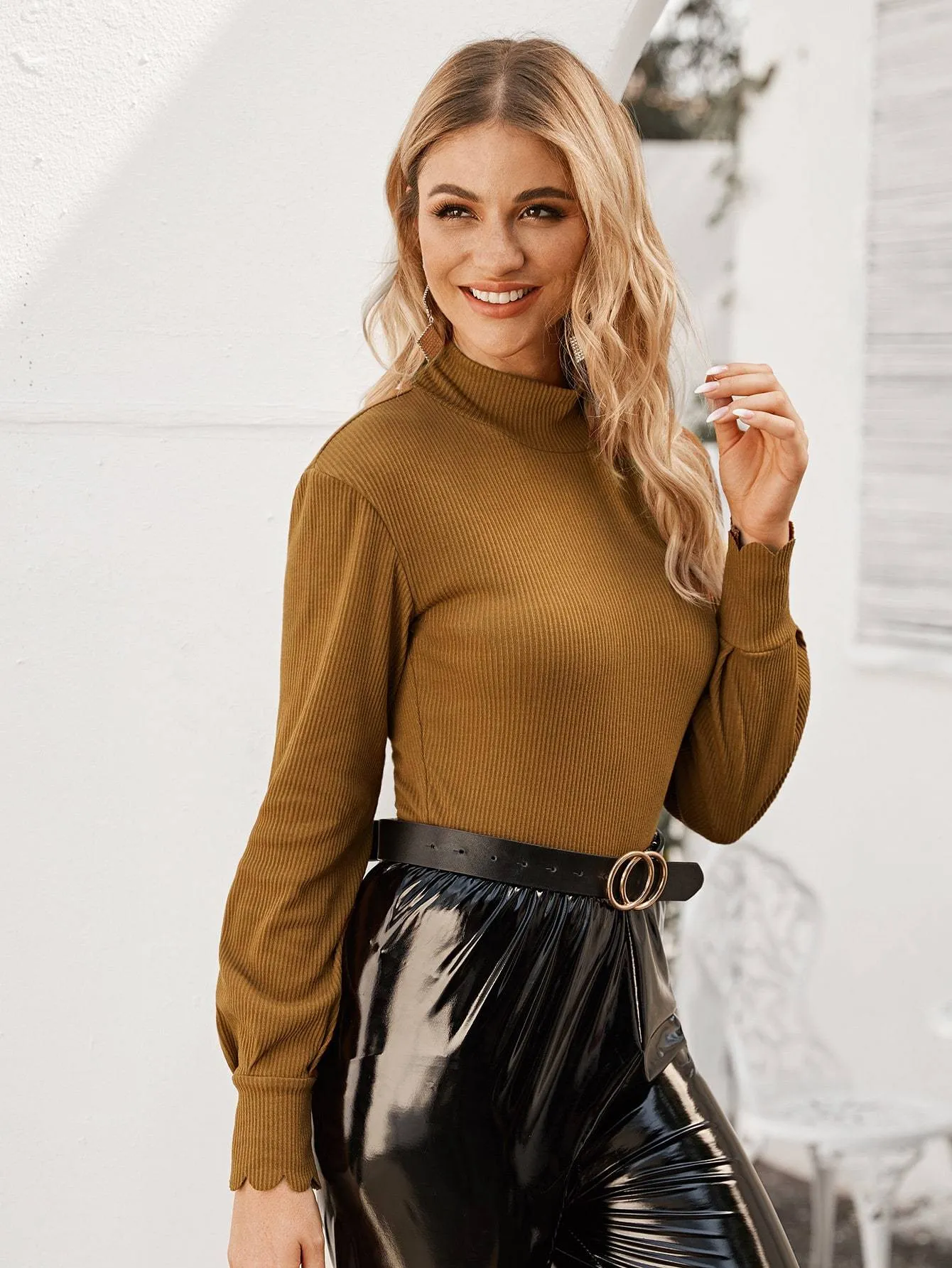 High Neck Rib-knit Tee
