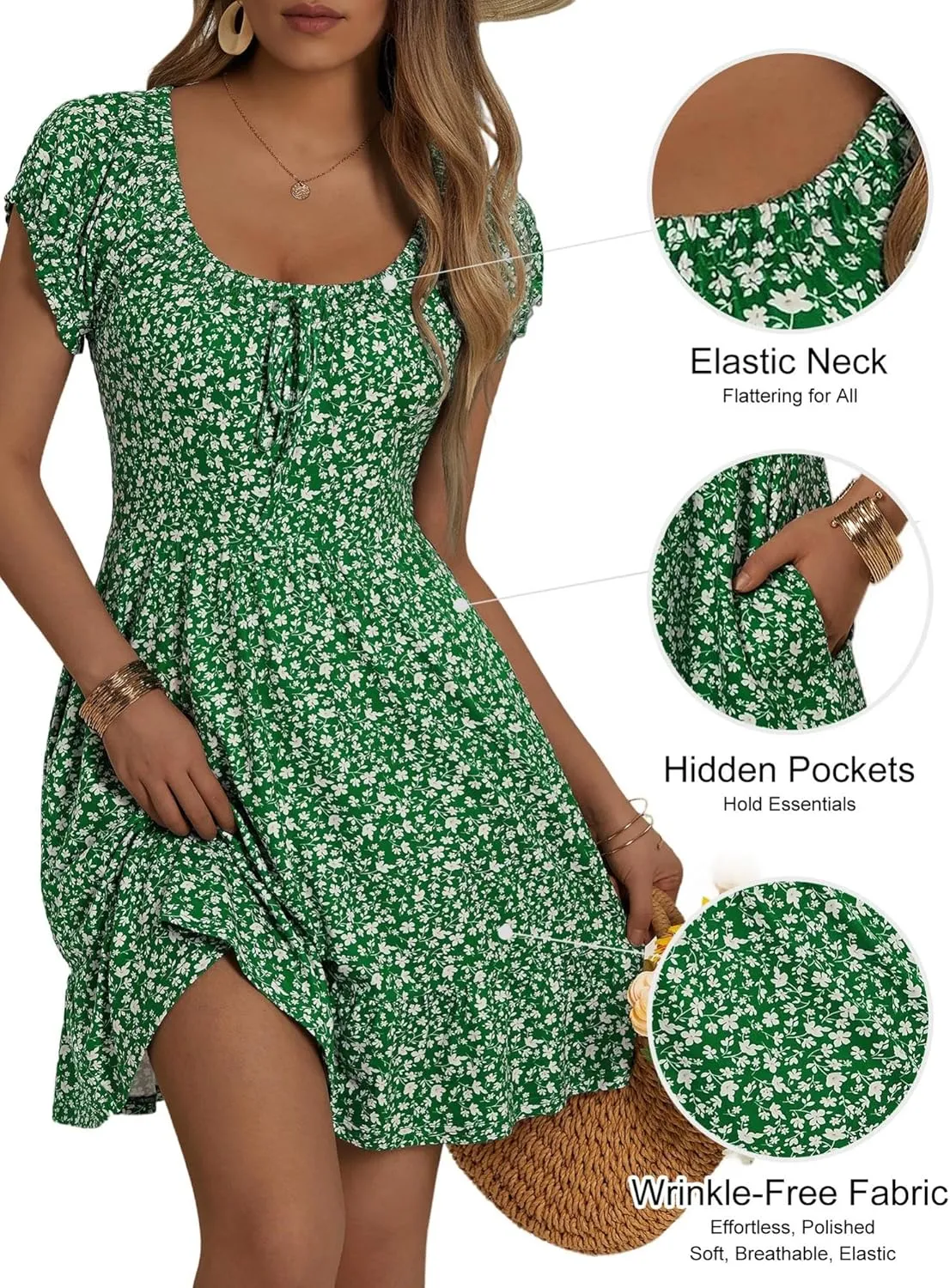 HUHOT Teen Petite Women Floral Short Summer Mini Dresses with Pockets Cute Milkmaid Sundress