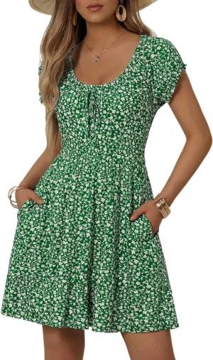 HUHOT Teen Petite Women Floral Short Summer Mini Dresses with Pockets Cute Milkmaid Sundress